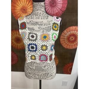Crochet Granny Square Multicolor Cropped Tank Top Boho Hippie 70s Inspired Sz S